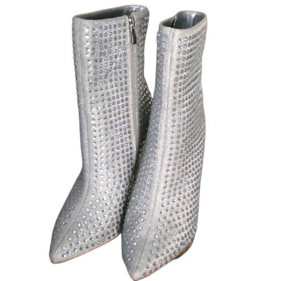 New Silver Sparkle Crystal Studded Mid Calf Ankle Boots - Picture 3 of 3